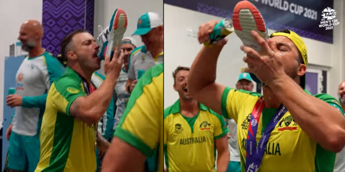جوتے میں کولڈ ڈرنک ڈال کر نوش فرمائی ۔۔ جیتنے کے بعد آسٹریلین ٹیم کا عجب انداز جشن۔